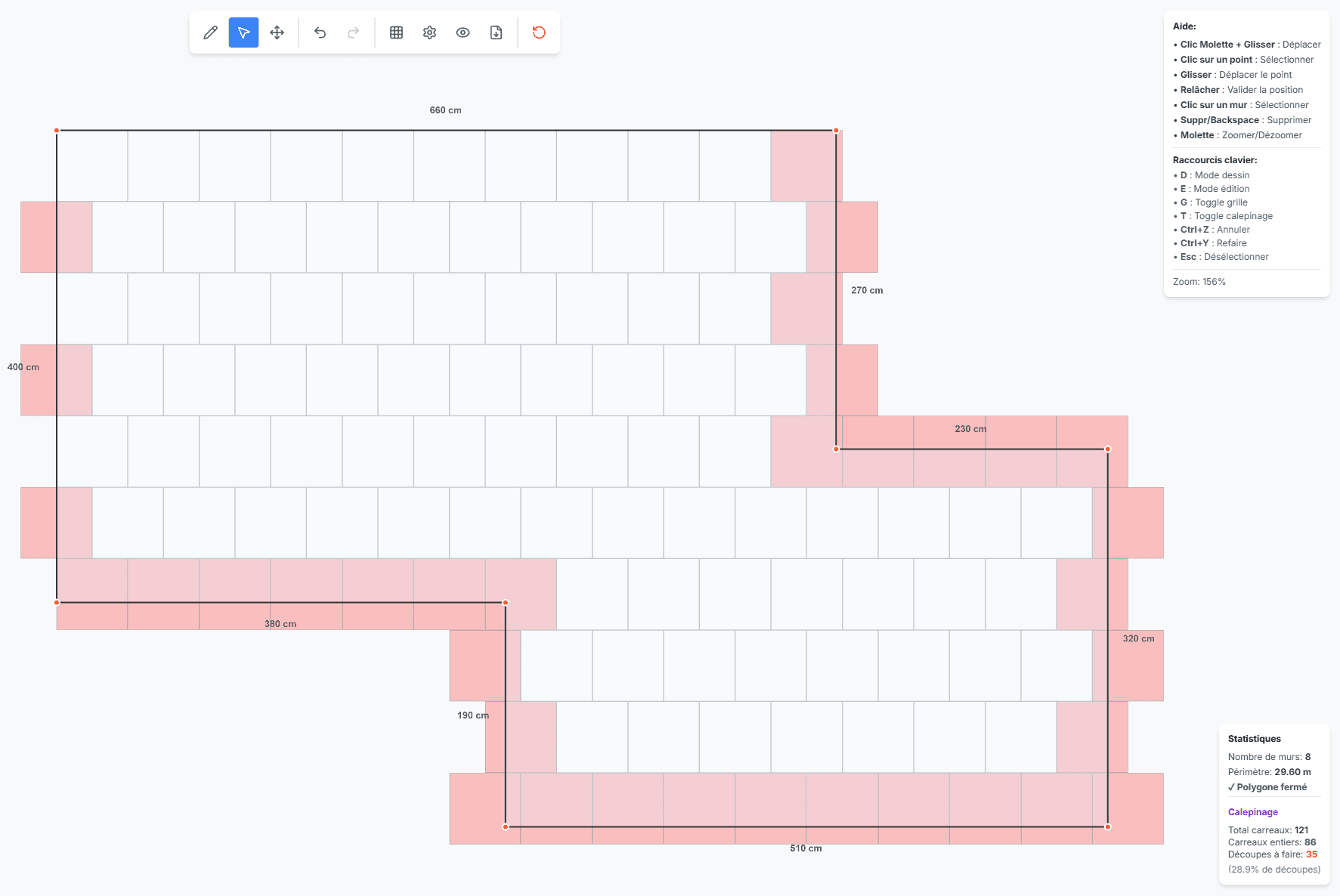 Aperçu du simulateur de calepinage Calp'it — pièce polygonale avec carreaux entiers et coupés
